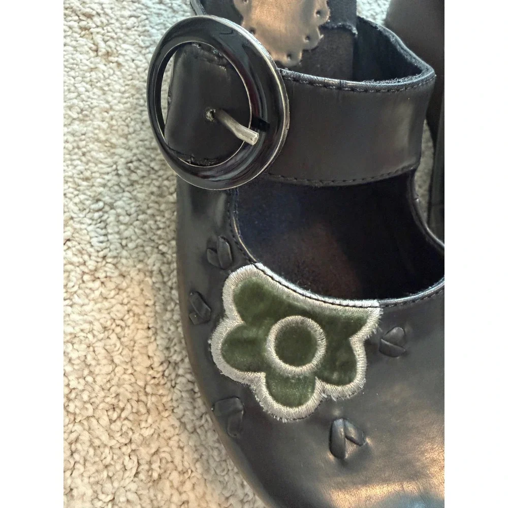 Arizona Jean Company Black Floral Wedge Mules Green Velvet Flower Sz 7-7.5 (Y2K)